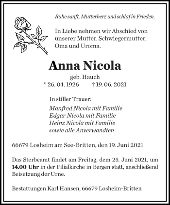 Traueranzeige von Anna Nicola von saarbruecker_zeitung