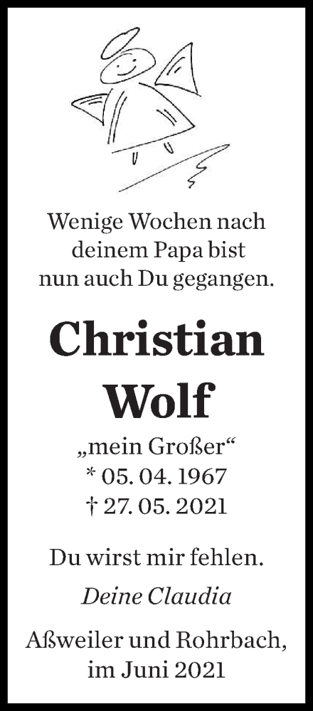  Traueranzeige für Christian Wolf vom 05.06.2021 aus saarbruecker_zeitung