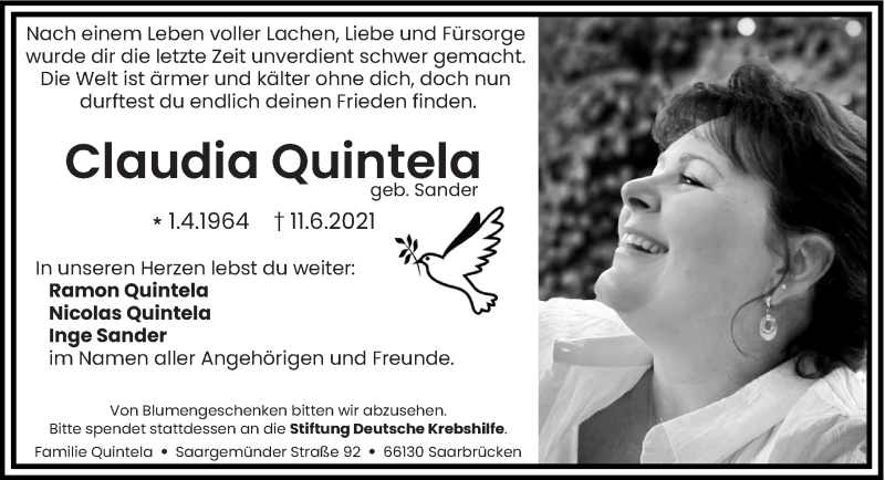  Traueranzeige für Claudia Quintela vom 14.06.2021 aus saarbruecker_zeitung