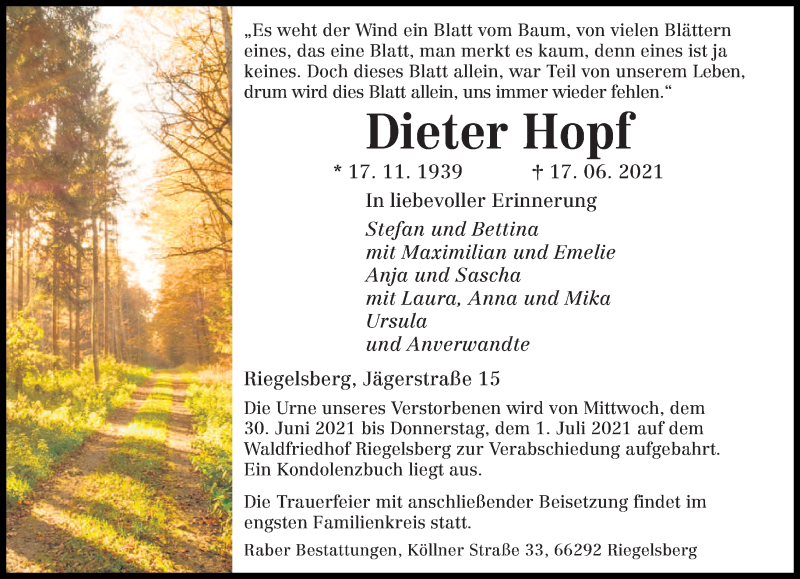  Traueranzeige für Dieter Hopf vom 26.06.2021 aus saarbruecker_zeitung