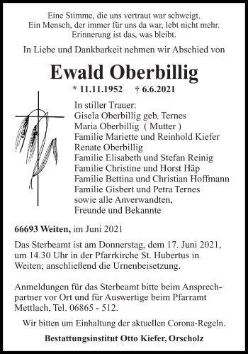 Traueranzeige von Ewald Oberbillig von saarbruecker_zeitung