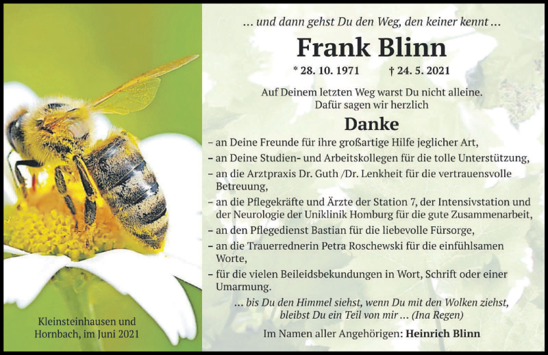 Traueranzeige für Frank Blinn vom 12.06.2021 aus saarbruecker_zeitung