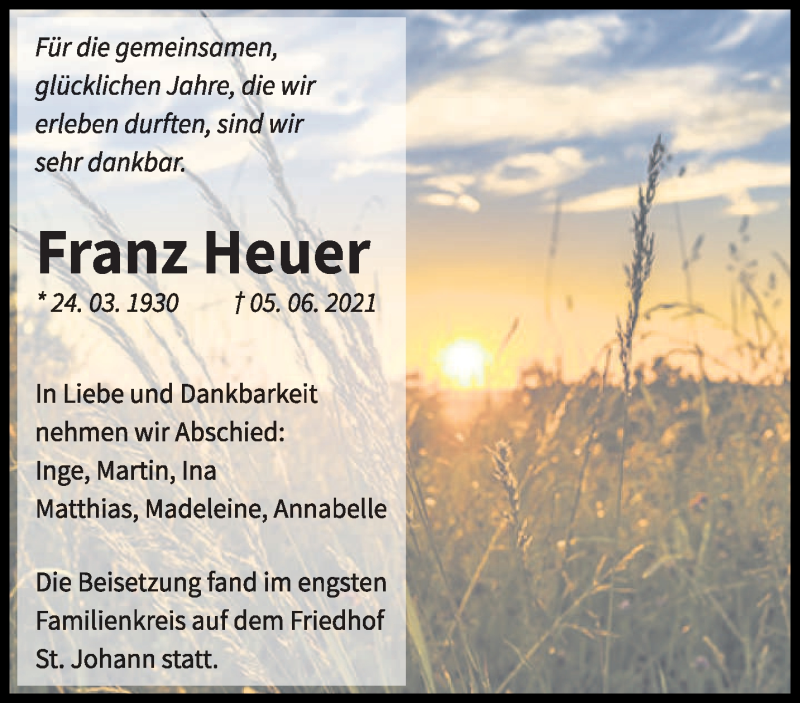  Traueranzeige für Franz Heuer vom 19.06.2021 aus saarbruecker_zeitung