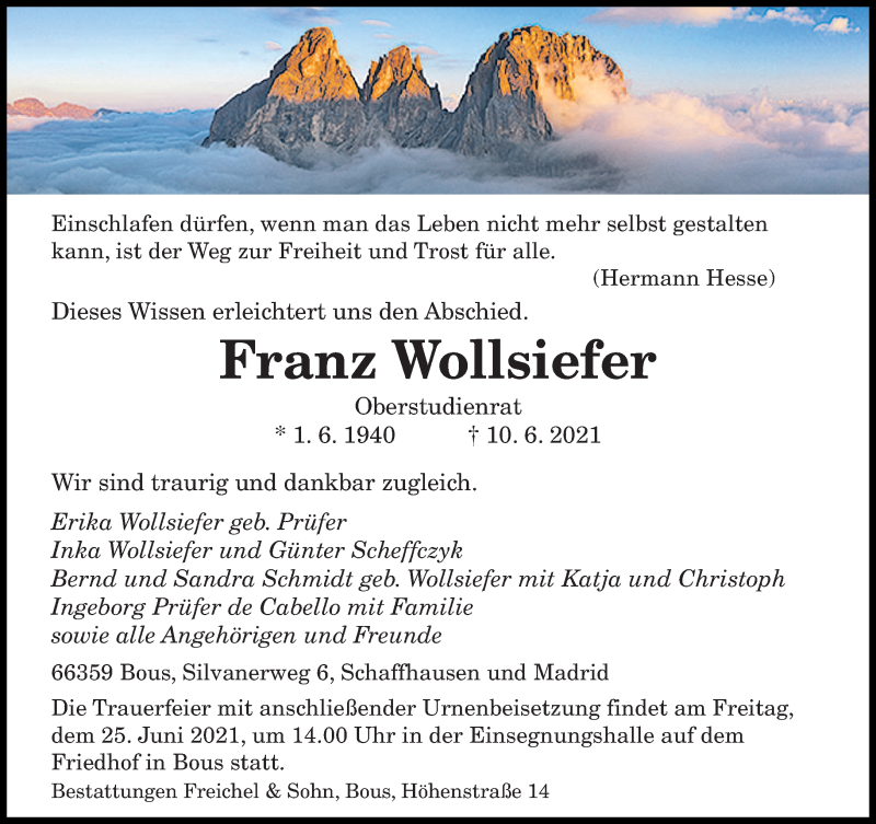  Traueranzeige für Franz Wollsiefer vom 19.06.2021 aus saarbruecker_zeitung