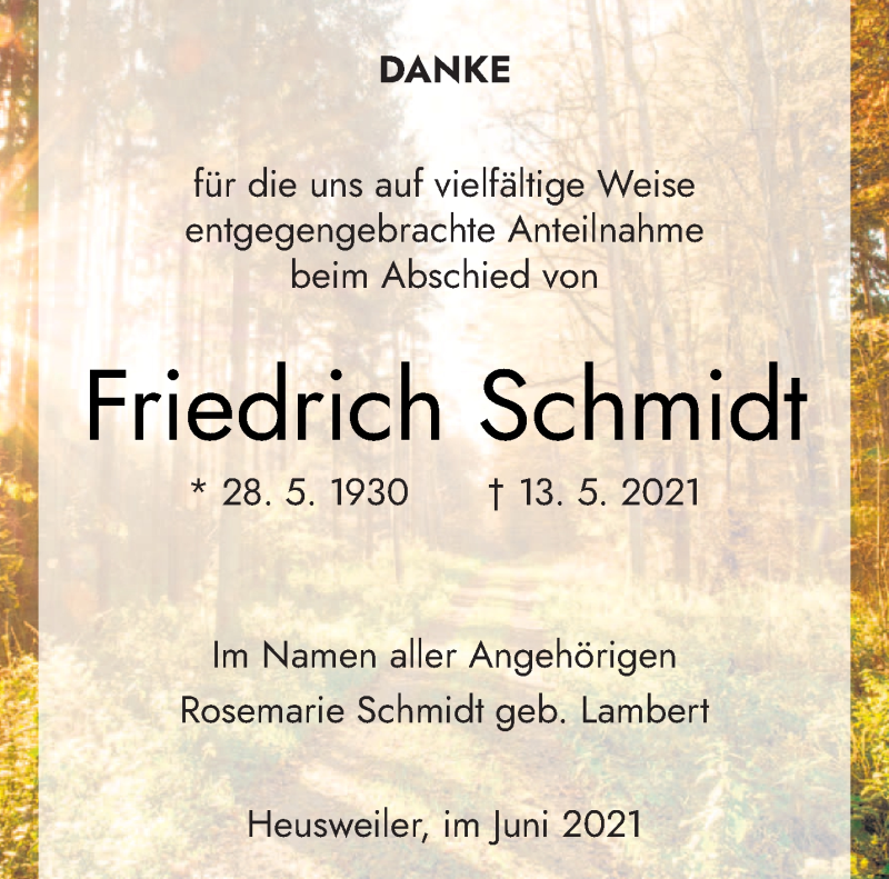 Traueranzeige für Friedrich Schmidt vom 12.06.2021 aus saarbruecker_zeitung