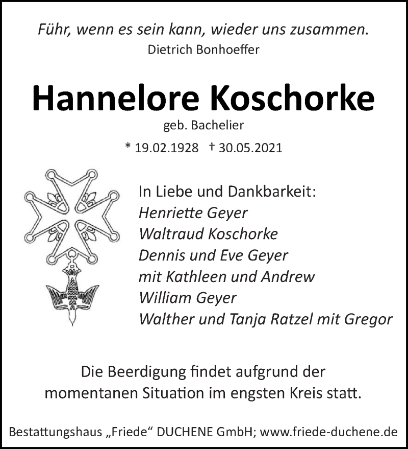  Traueranzeige für Hannelore Koschorke vom 05.06.2021 aus saarbruecker_zeitung