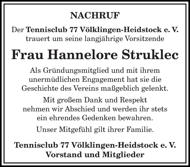  Traueranzeige für Hannelore Struklec vom 02.06.2021 aus saarbruecker_zeitung