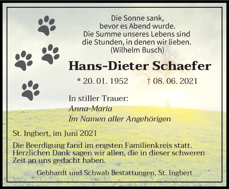  Traueranzeige für Hans-Dieter Schaefer vom 16.06.2021 aus saarbruecker_zeitung