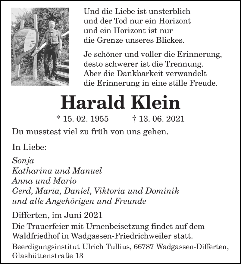  Traueranzeige für Harald Klein vom 19.06.2021 aus saarbruecker_zeitung