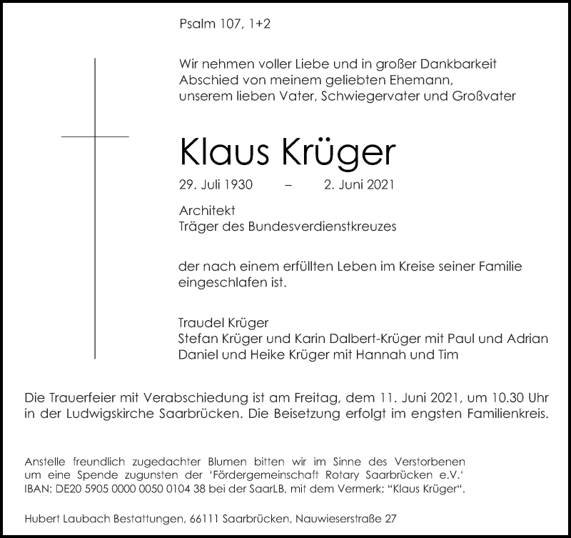  Traueranzeige für Klaus Krüger vom 05.06.2021 aus saarbruecker_zeitung