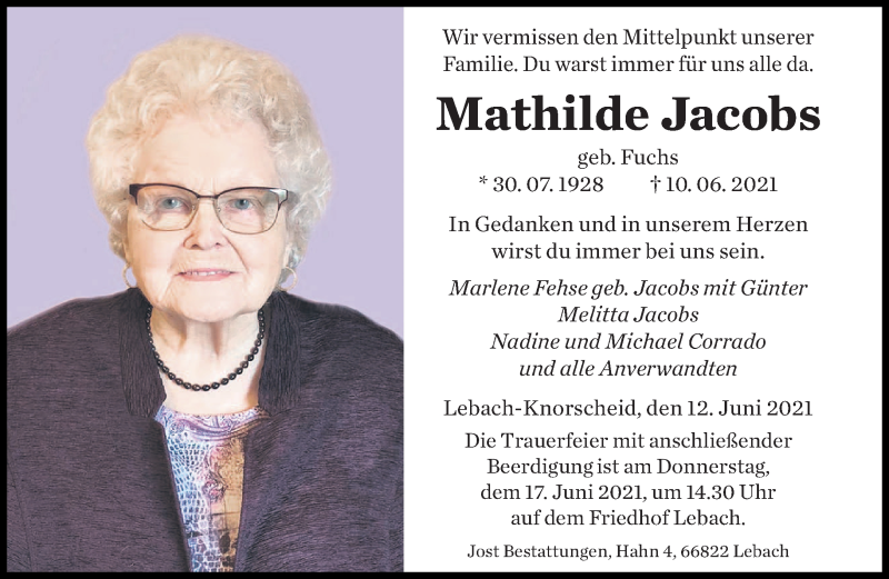  Traueranzeige für Mathilde Jacobs vom 12.06.2021 aus saarbruecker_zeitung