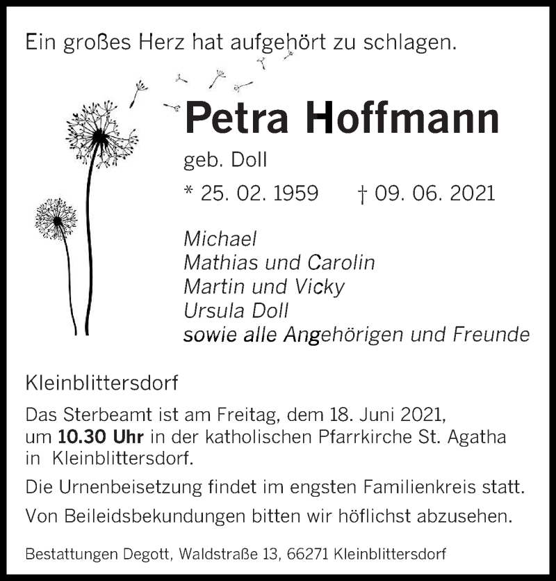  Traueranzeige für Petra Hoffmann vom 12.06.2021 aus saarbruecker_zeitung