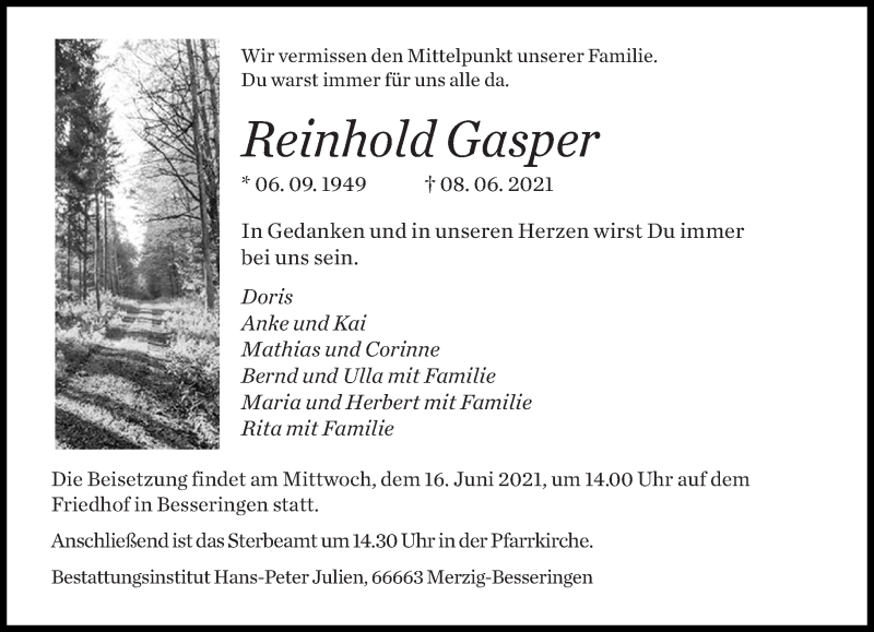  Traueranzeige für Reinhold Gasper vom 12.06.2021 aus saarbruecker_zeitung