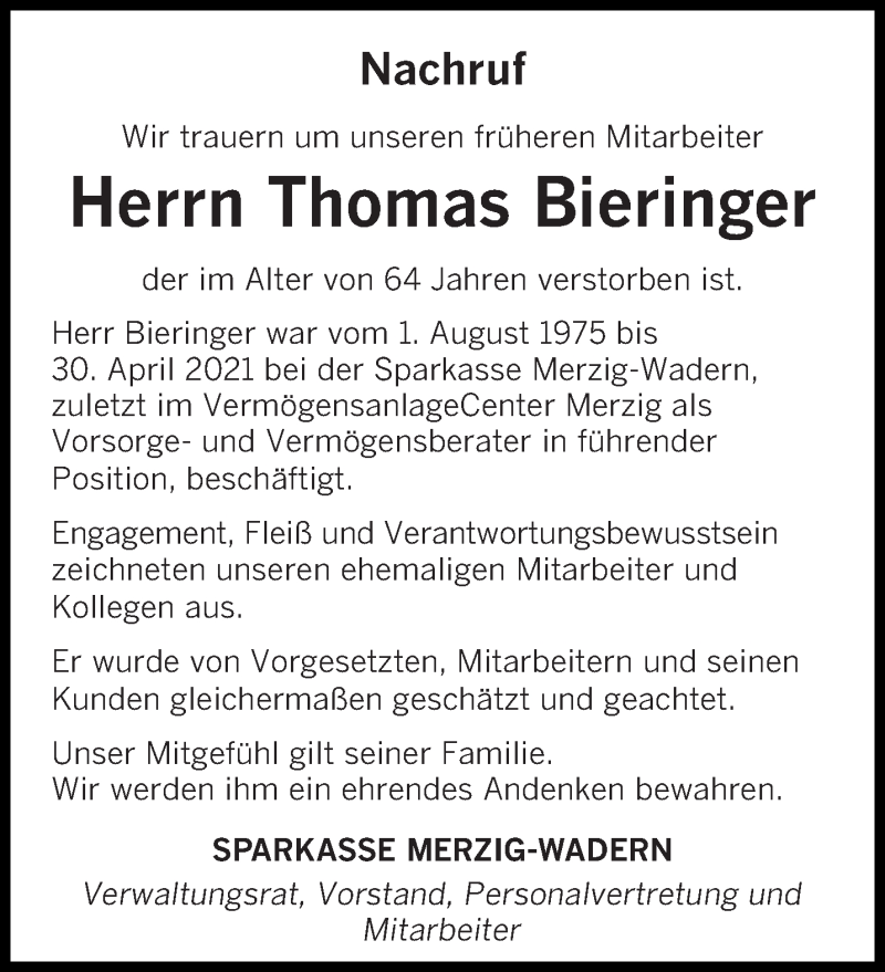  Traueranzeige für Thomas Bieringer vom 28.06.2021 aus saarbruecker_zeitung