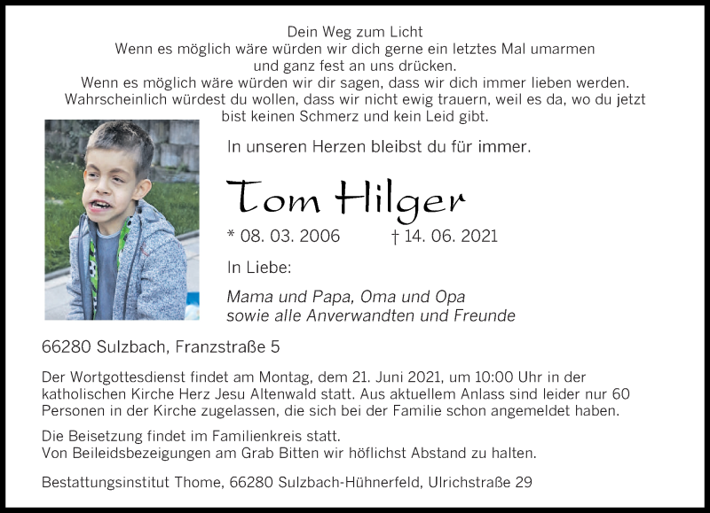  Traueranzeige für Tom Hilger vom 19.06.2021 aus saarbruecker_zeitung