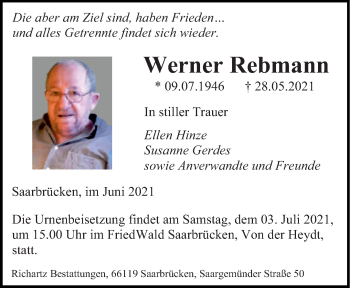 Traueranzeige von Werner Rebmann von saarbruecker_zeitung