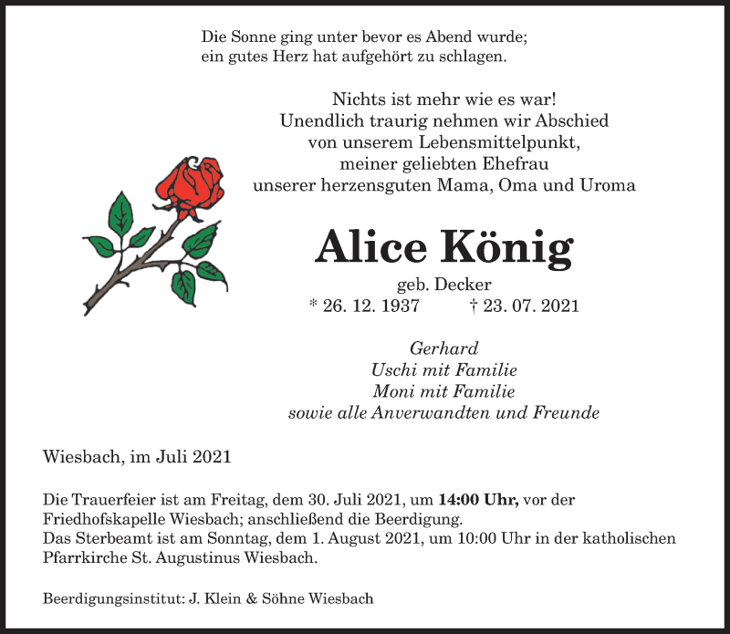  Traueranzeige für Alice König vom 27.07.2021 aus saarbruecker_zeitung