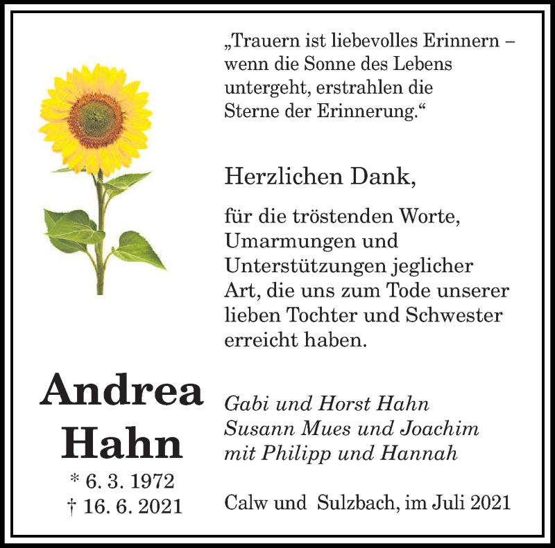  Traueranzeige für Andrea Hahn vom 03.07.2021 aus saarbruecker_zeitung