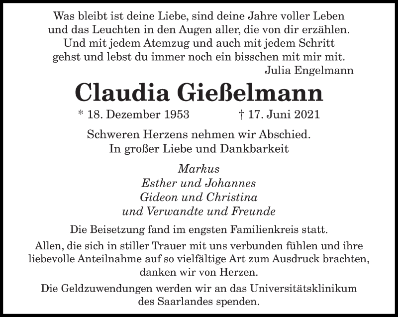  Traueranzeige für Claudia Gießelmann vom 10.07.2021 aus saarbruecker_zeitung