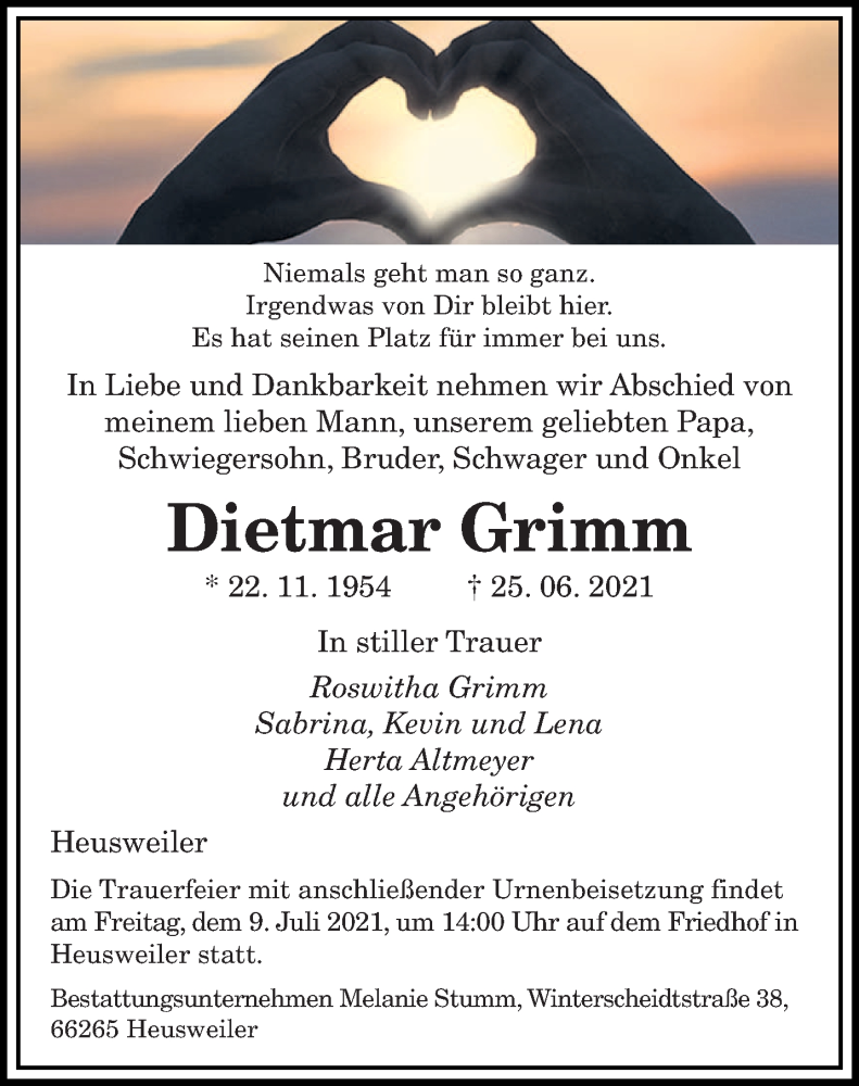  Traueranzeige für Dietmar Grimm vom 07.07.2021 aus saarbruecker_zeitung