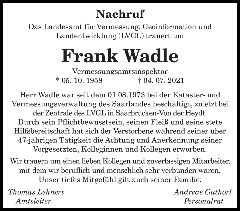  Traueranzeige für Frank Wadle vom 10.07.2021 aus saarbruecker_zeitung