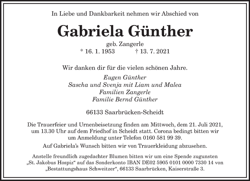  Traueranzeige für Gabriela Günther vom 17.07.2021 aus saarbruecker_zeitung