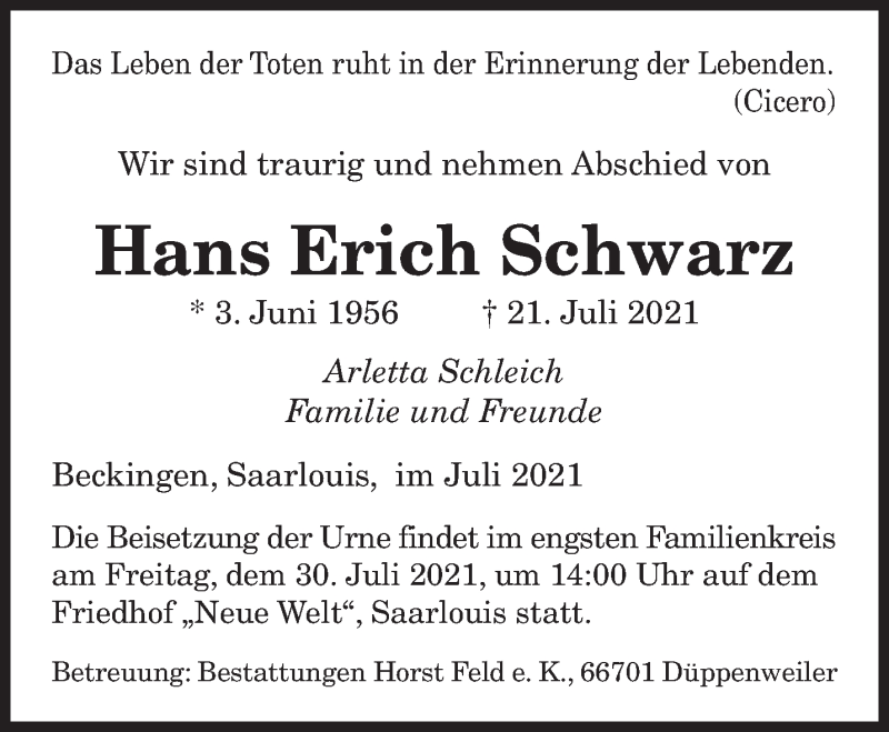  Traueranzeige für Hans Erich Schwarz vom 28.07.2021 aus saarbruecker_zeitung