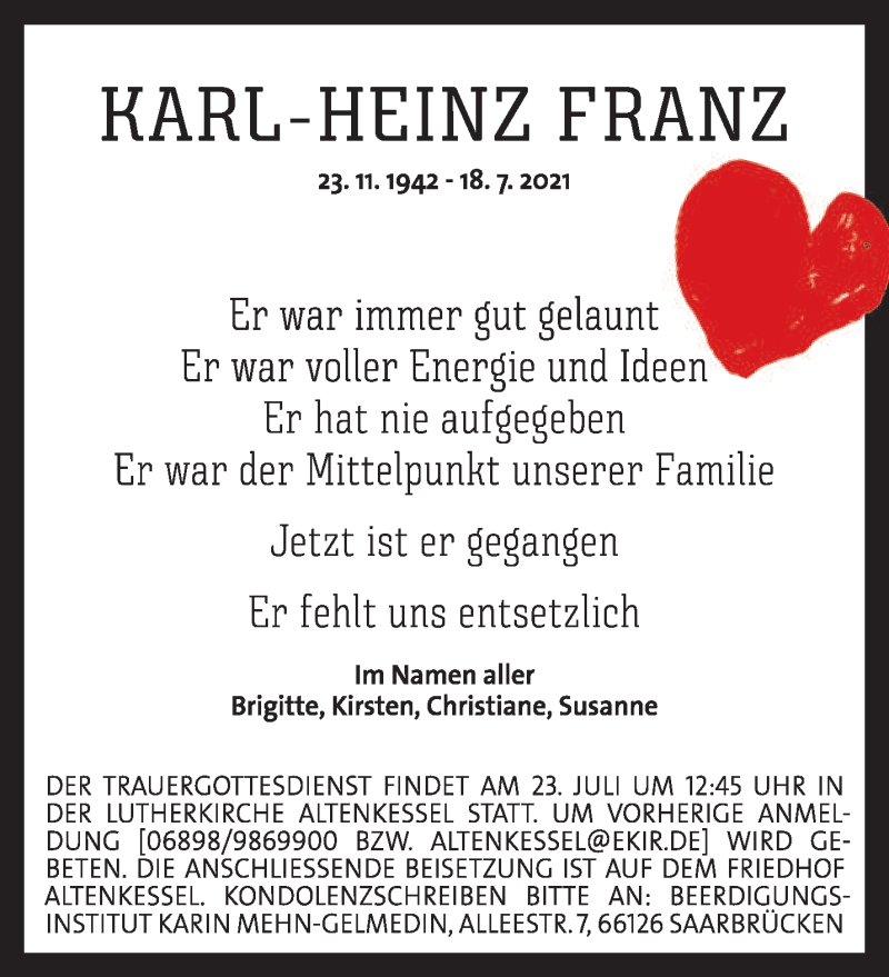  Traueranzeige für Karl-Heinz Franz vom 21.07.2021 aus saarbruecker_zeitung