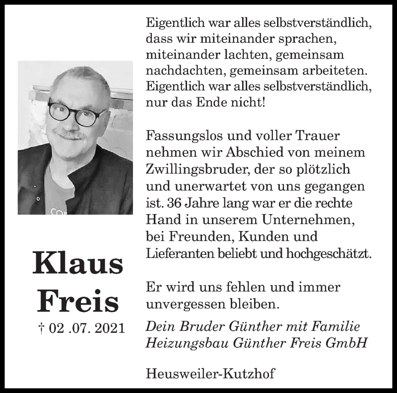 Traueranzeige für Klaus Freis vom 10.07.2021 aus saarbruecker_zeitung