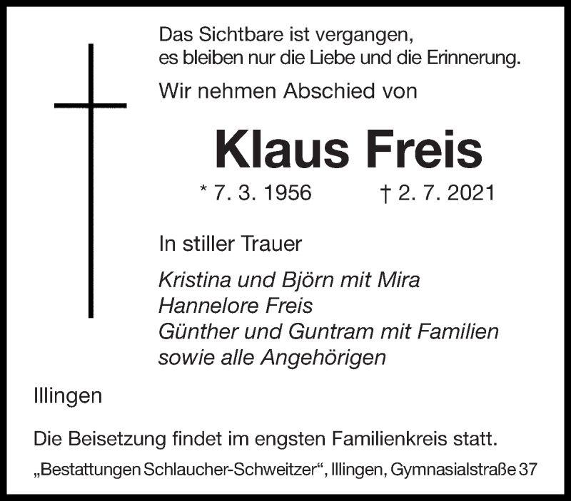  Traueranzeige für Klaus Freis vom 10.07.2021 aus saarbruecker_zeitung