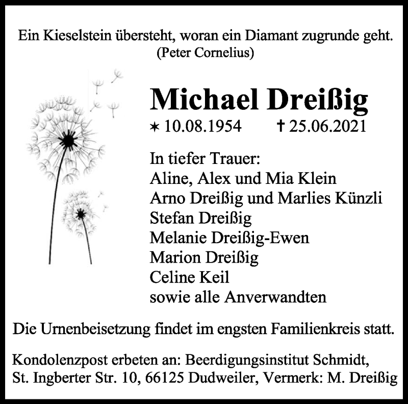  Traueranzeige für Michael Dreißig vom 03.07.2021 aus saarbruecker_zeitung
