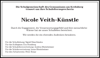 Traueranzeige von Nicole Veith-Künstle von saarbruecker_zeitung