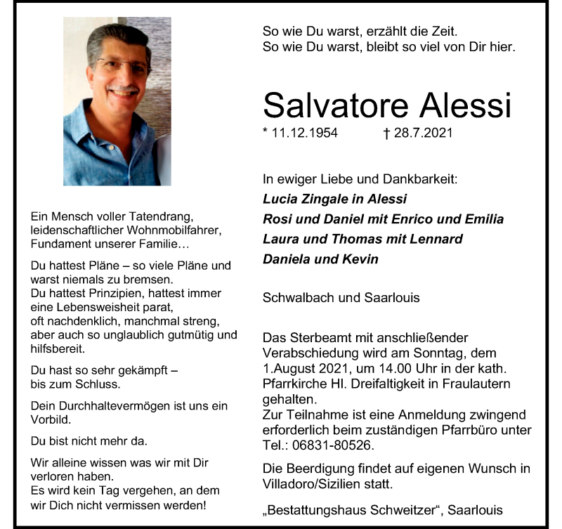  Traueranzeige für Salvatore Alessi vom 30.07.2021 aus saarbruecker_zeitung