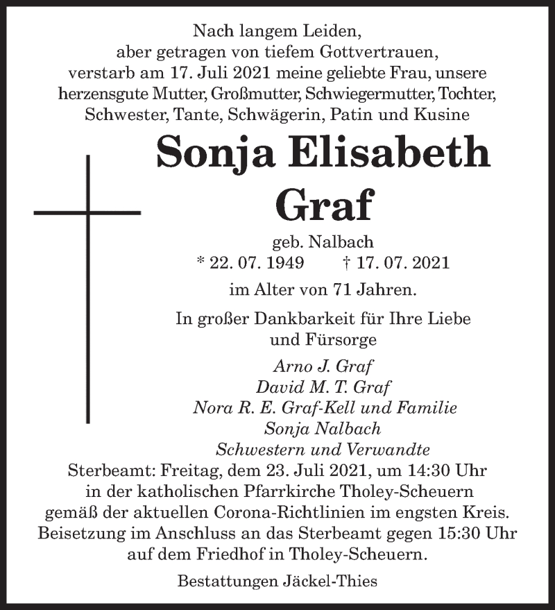  Traueranzeige für Sonja Elisabeth Graf vom 23.07.2021 aus saarbruecker_zeitung