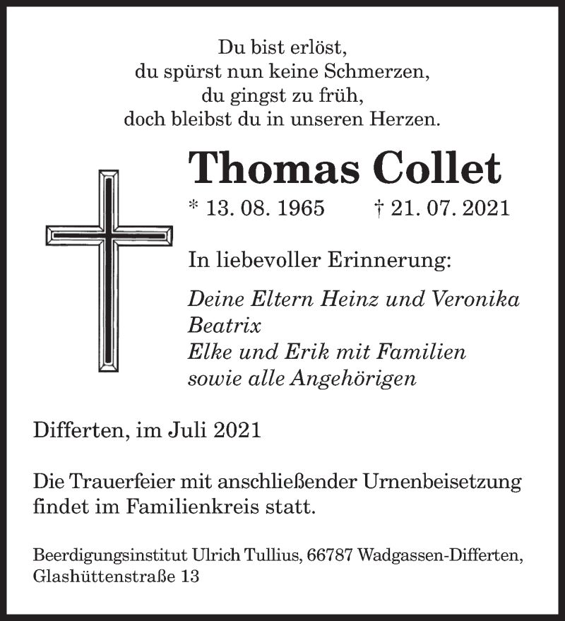  Traueranzeige für Thomas Collet vom 28.07.2021 aus saarbruecker_zeitung