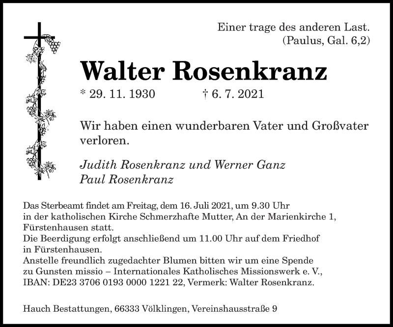  Traueranzeige für Walter Rosenkranz vom 10.07.2021 aus saarbruecker_zeitung