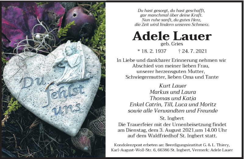  Traueranzeige für Adele Lauer vom 31.07.2021 aus saarbruecker_zeitung