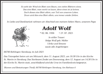 Traueranzeige von Adolf Wolf von saarbruecker_zeitung
