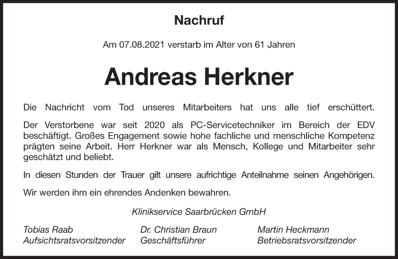  Traueranzeige für Andreas Herkner vom 14.08.2021 aus saarbruecker_zeitung