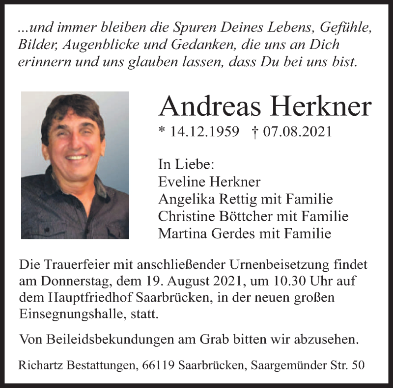  Traueranzeige für Andreas Herkner vom 14.08.2021 aus saarbruecker_zeitung