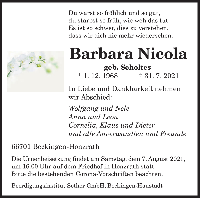  Traueranzeige für Barbara Nicola vom 04.08.2021 aus saarbruecker_zeitung