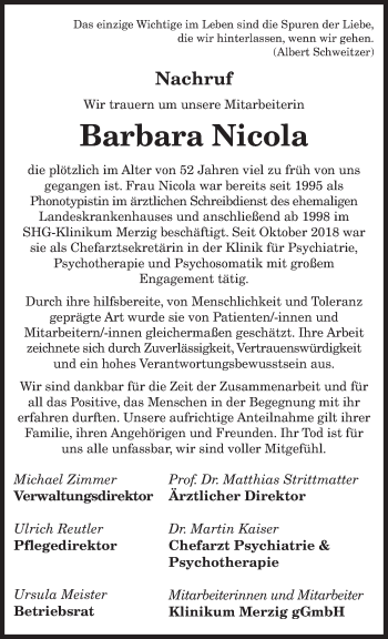 Traueranzeige von Barbara Nicola von saarbruecker_zeitung