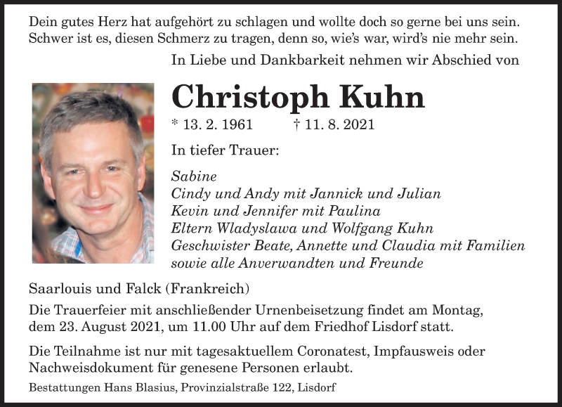  Traueranzeige für Christoph Kuhn vom 14.08.2021 aus saarbruecker_zeitung