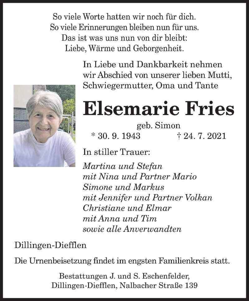  Traueranzeige für Elsemarie Fries vom 31.07.2021 aus saarbruecker_zeitung