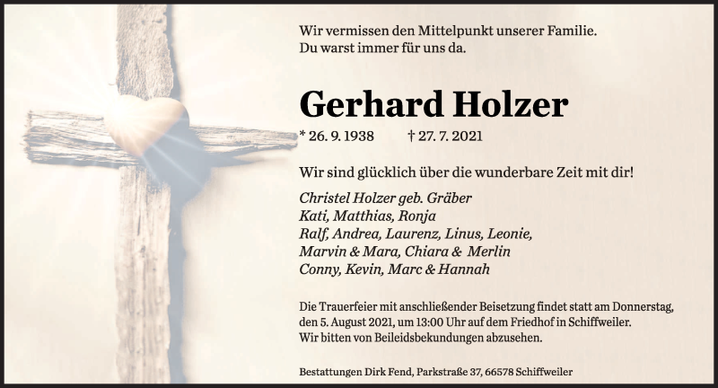  Traueranzeige für Gerhard Holzer vom 31.07.2021 aus saarbruecker_zeitung