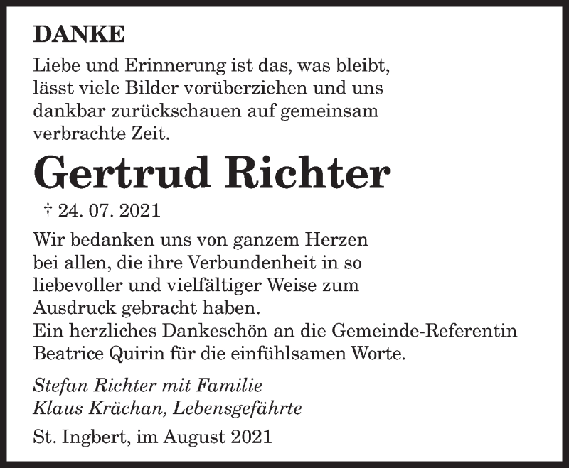  Traueranzeige für Gertrud Richter vom 14.08.2021 aus saarbruecker_zeitung