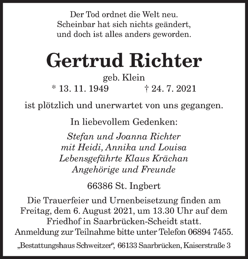  Traueranzeige für Gertrud Richter vom 31.07.2021 aus saarbruecker_zeitung