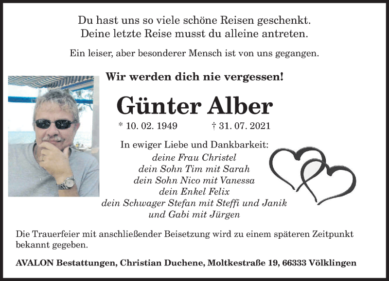  Traueranzeige für Günter Alber vom 07.08.2021 aus saarbruecker_zeitung