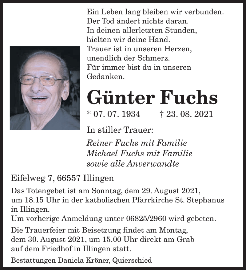  Traueranzeige für Günter Fuchs vom 26.08.2021 aus saarbruecker_zeitung