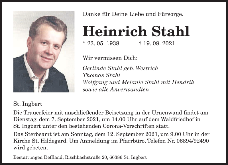  Traueranzeige für Heinrich Stahl vom 28.08.2021 aus saarbruecker_zeitung